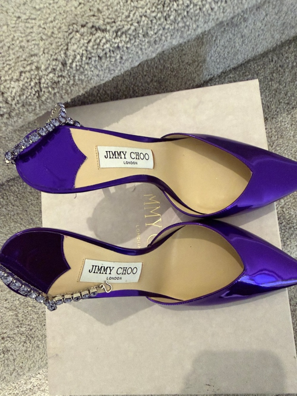 Jimmy Choo Metallic Purple Crystal T-Strap Pointed Slingback Heels - Picture 4 of 17